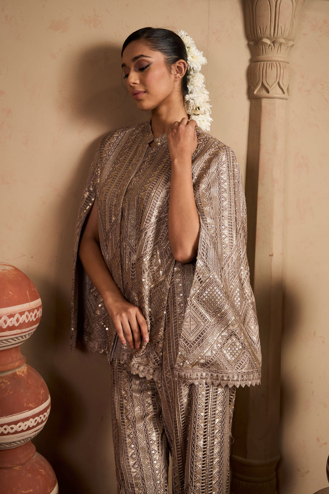 Seraphic Sequins Cape Jacket Set - Gold