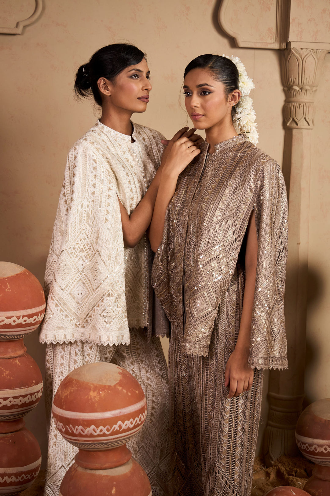 Seraphic Sequins Cape Jacket Set - Ivory