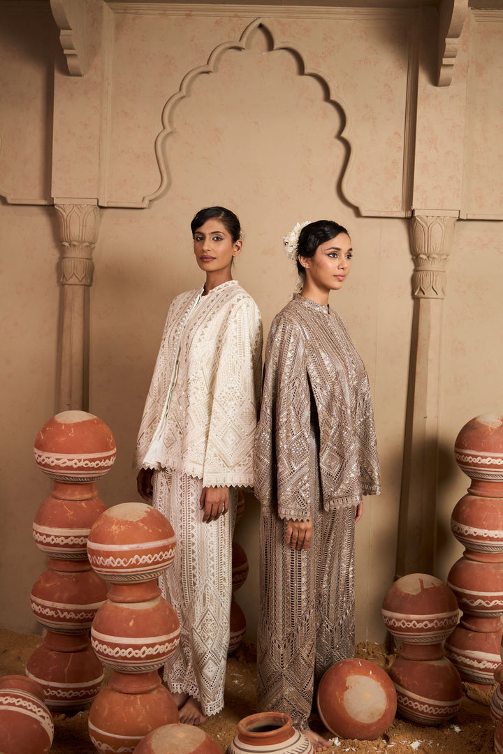 Seraphic Sequins Cape Jacket Set - Ivory