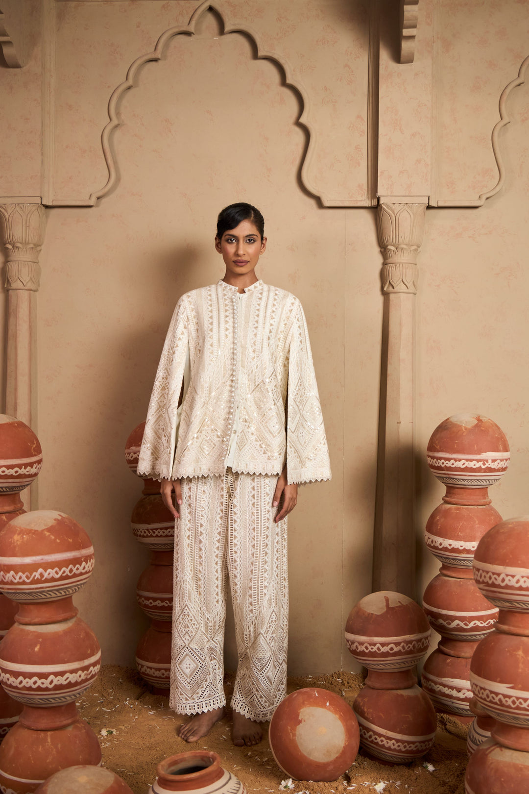 Seraphic Sequins Cape Jacket Set - Ivory