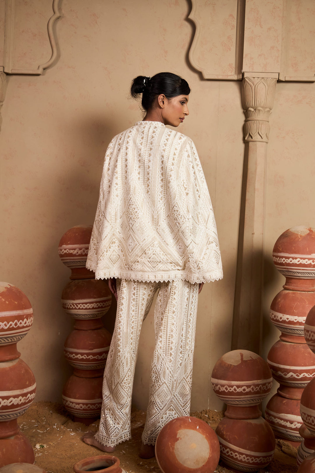 Seraphic Sequins Cape Jacket Set - Ivory