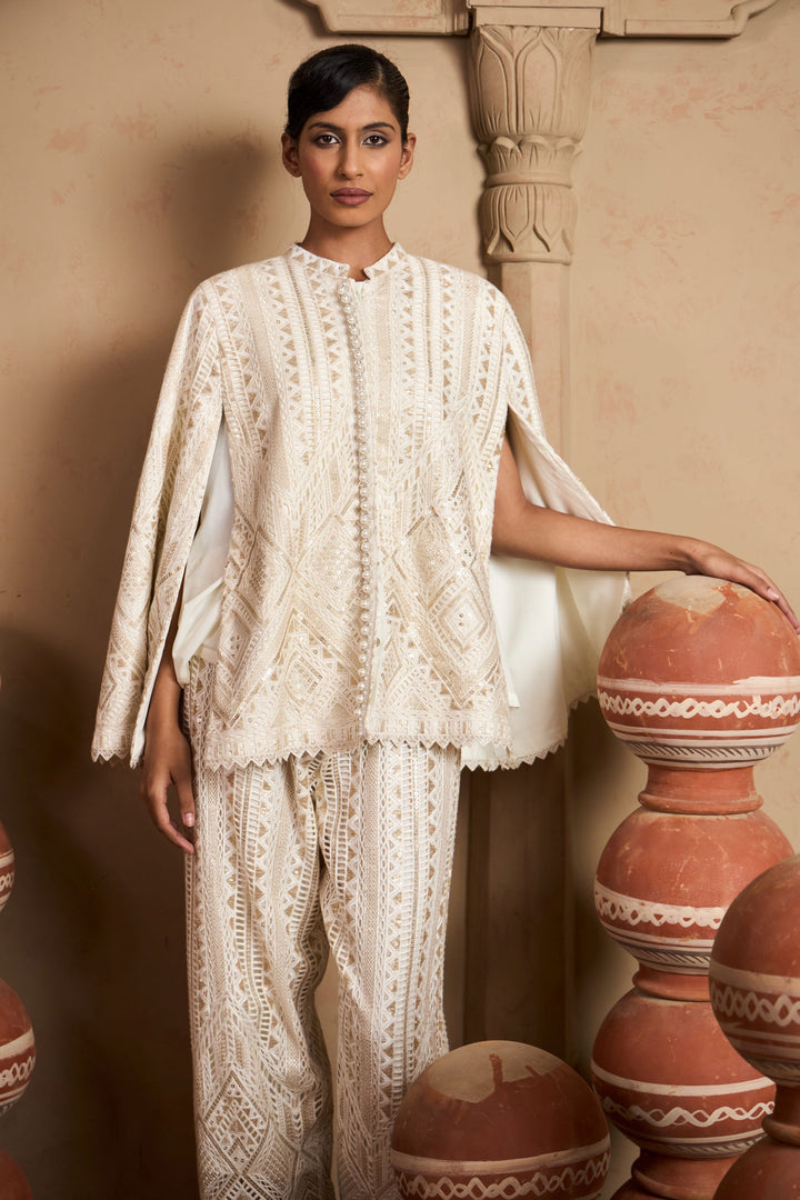 Seraphic Sequins Cape Jacket Set - Ivory