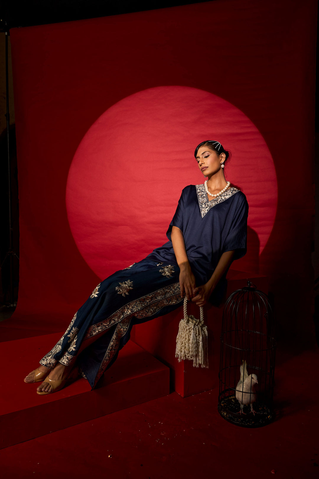 Reyna Gara V-Neck Top With Slit Pants - Blue