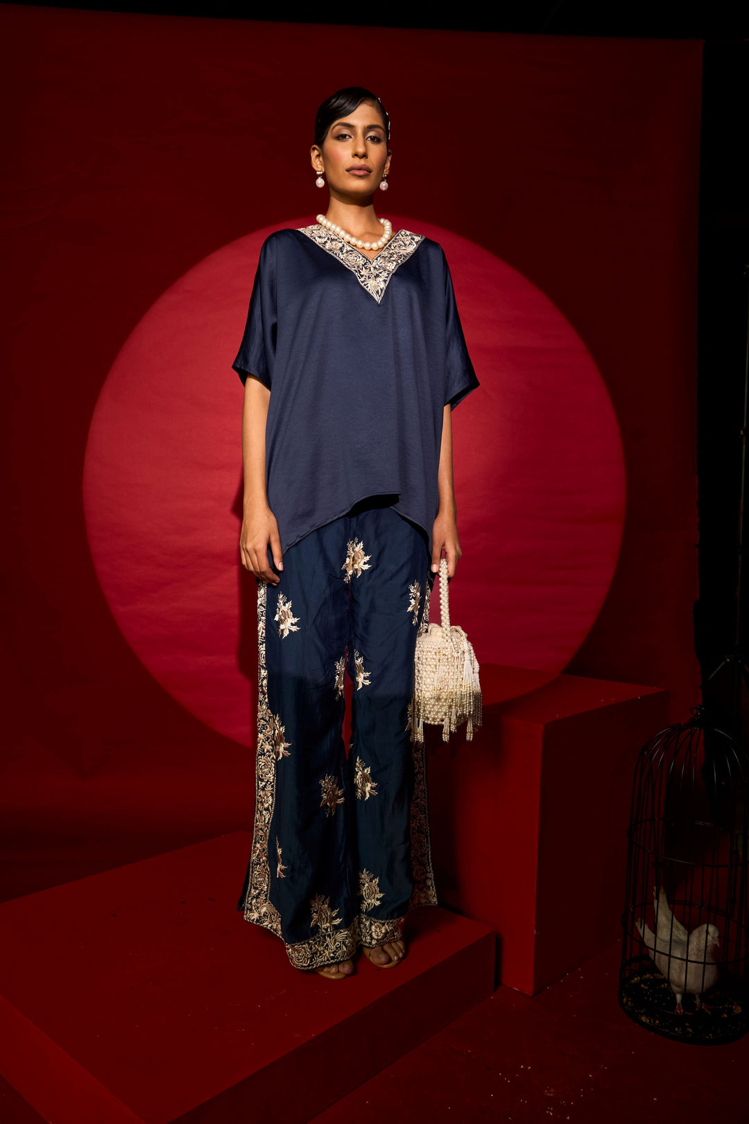 Reyna Gara V-Neck Top With Slit Pants - Blue