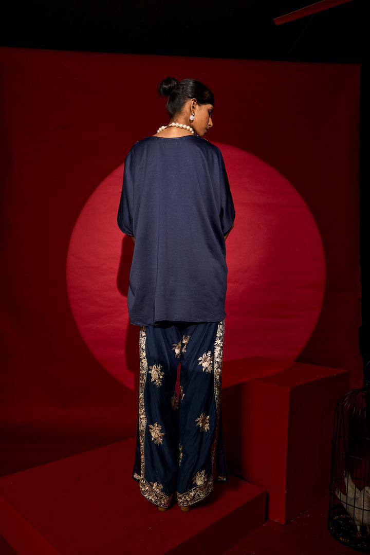 Reyna Gara V-Neck Top With Slit Pants - Blue