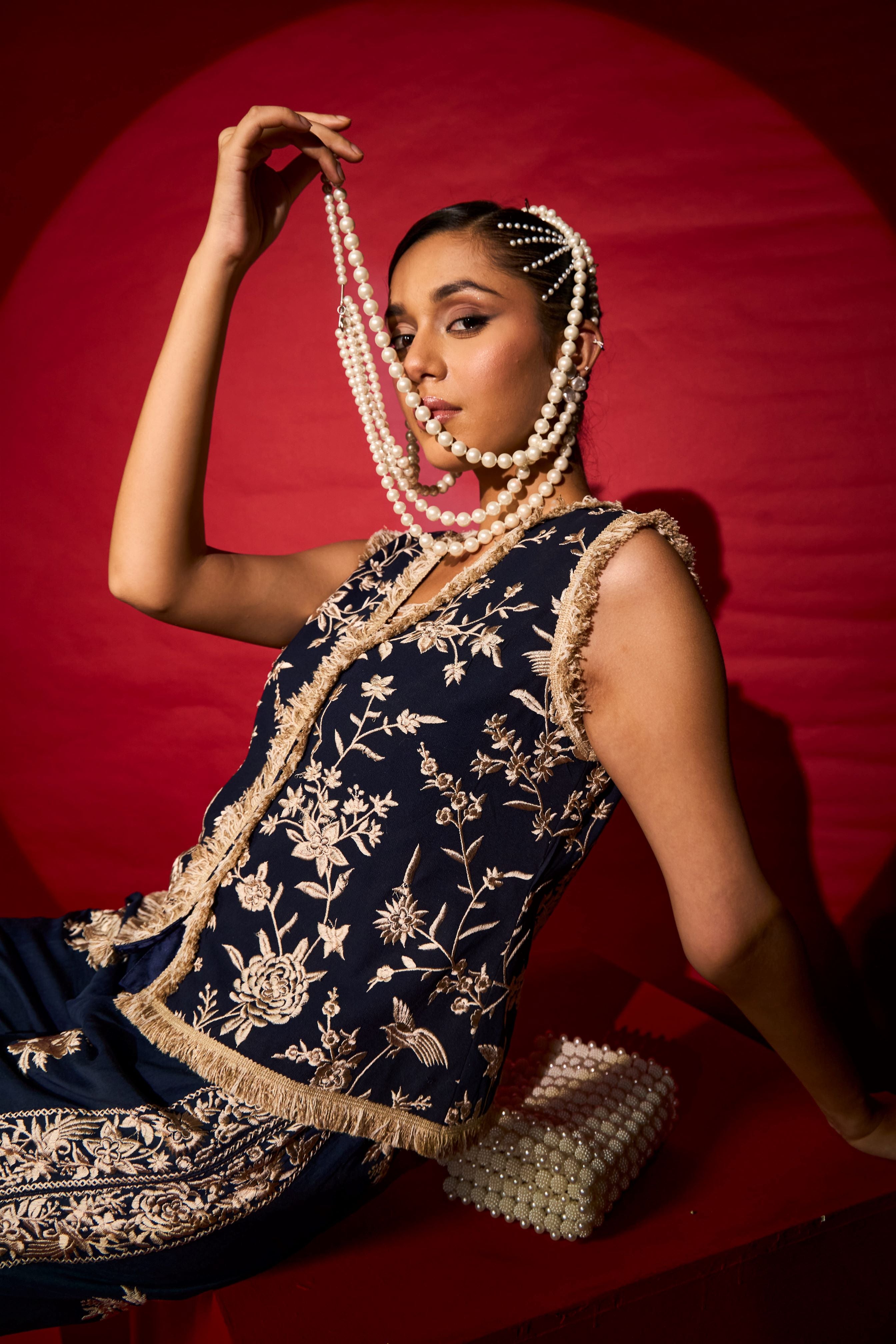 Reyna Gara Tassle Waistcoat Set - Blue