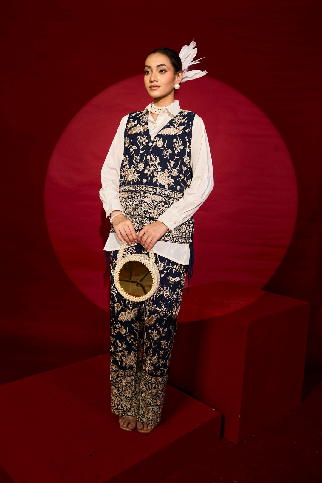 Reyna Gara Glazed Waist Coat With Coordinated Pants - Blue