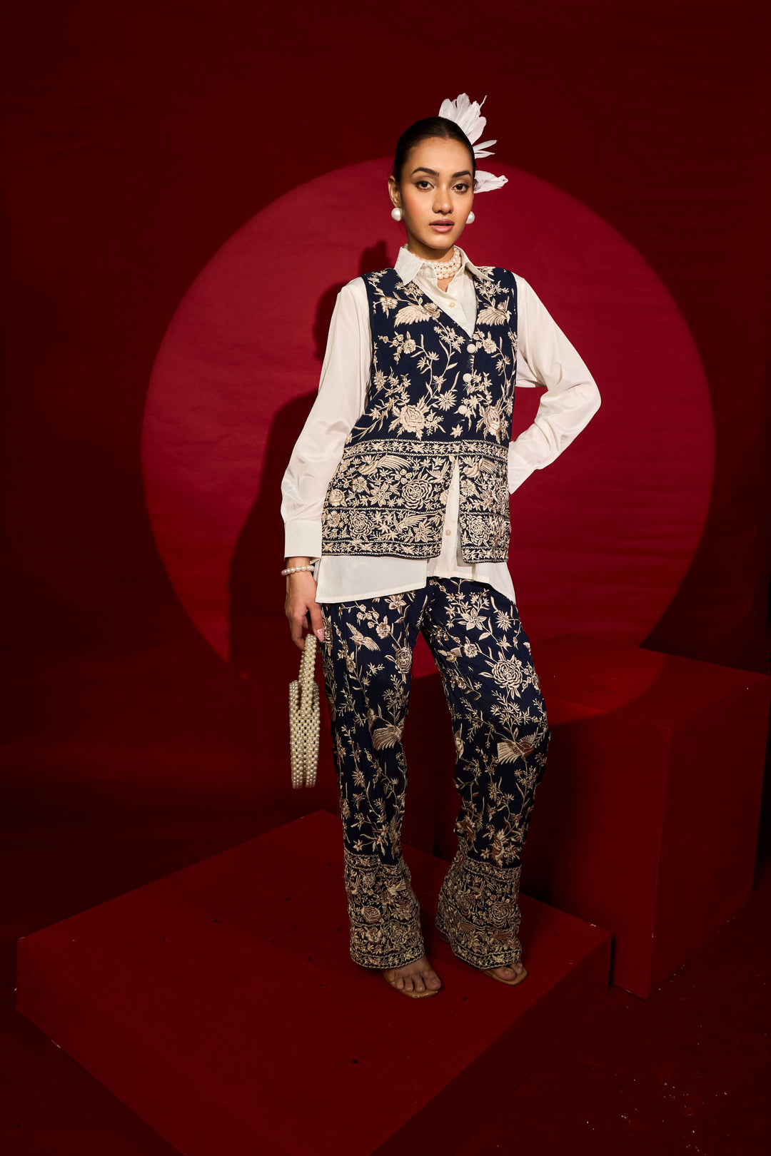 Reyna Gara Glazed Waist Coat With Coordinated Pants - Blue