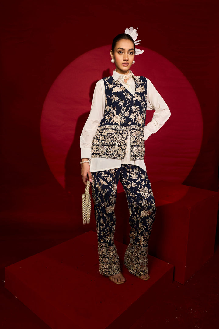 Reyna Gara Glazed Waist Coat With Coordinated Pants - Blue