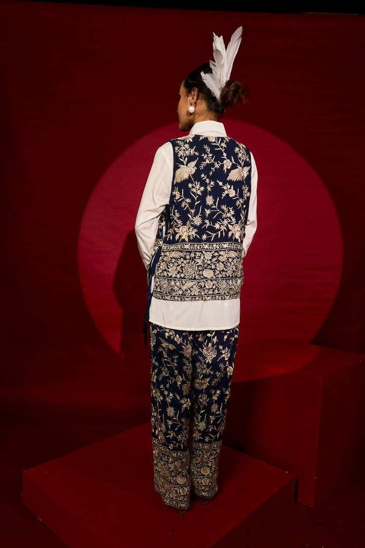 Reyna Gara Glazed Waist Coat With Coordinated Pants - Blue