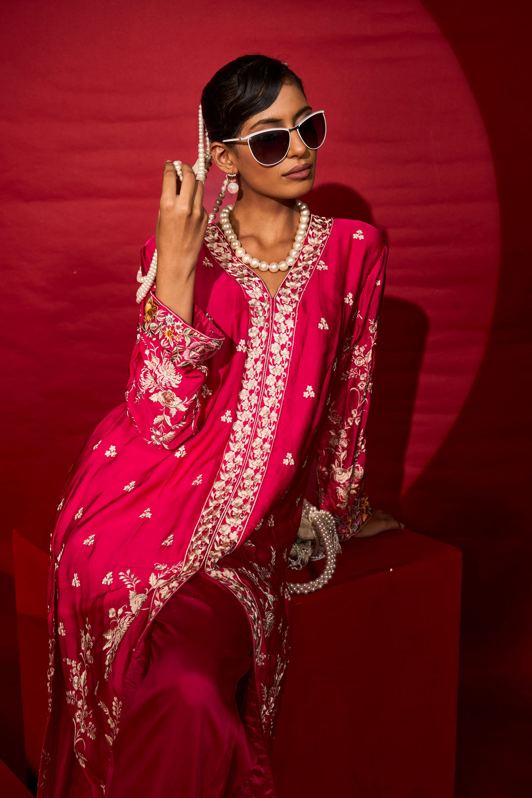 Reyna Gara Glazed Kurta Set - Fuschia