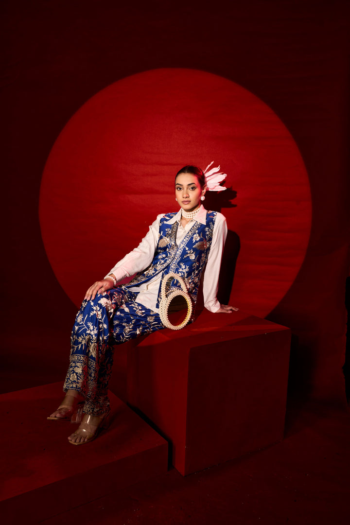 Reyna Gara Glazed Waist Coat With Coordinated Pants - Ink Blue