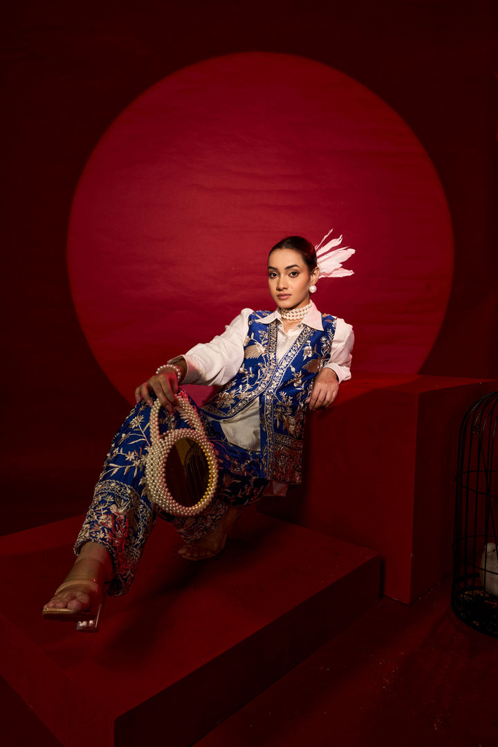 Reyna Gara Glazed Waist Coat With Coordinated Pants - Ink Blue