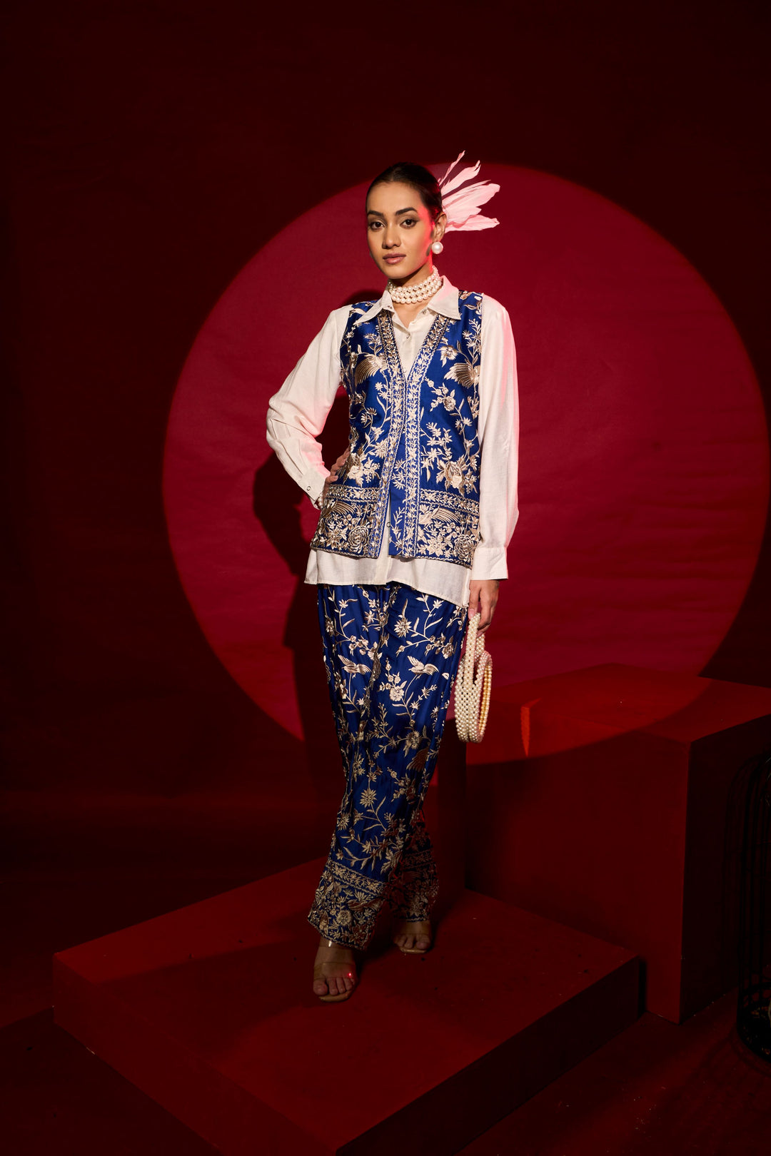 Reyna Gara Glazed Waist Coat With Coordinated Pants - Ink Blue