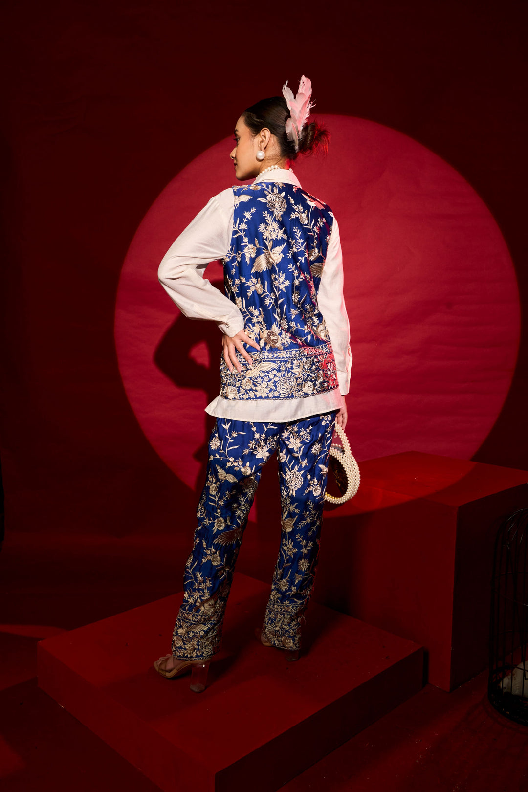 Reyna Gara Glazed Waist Coat With Coordinated Pants - Ink Blue