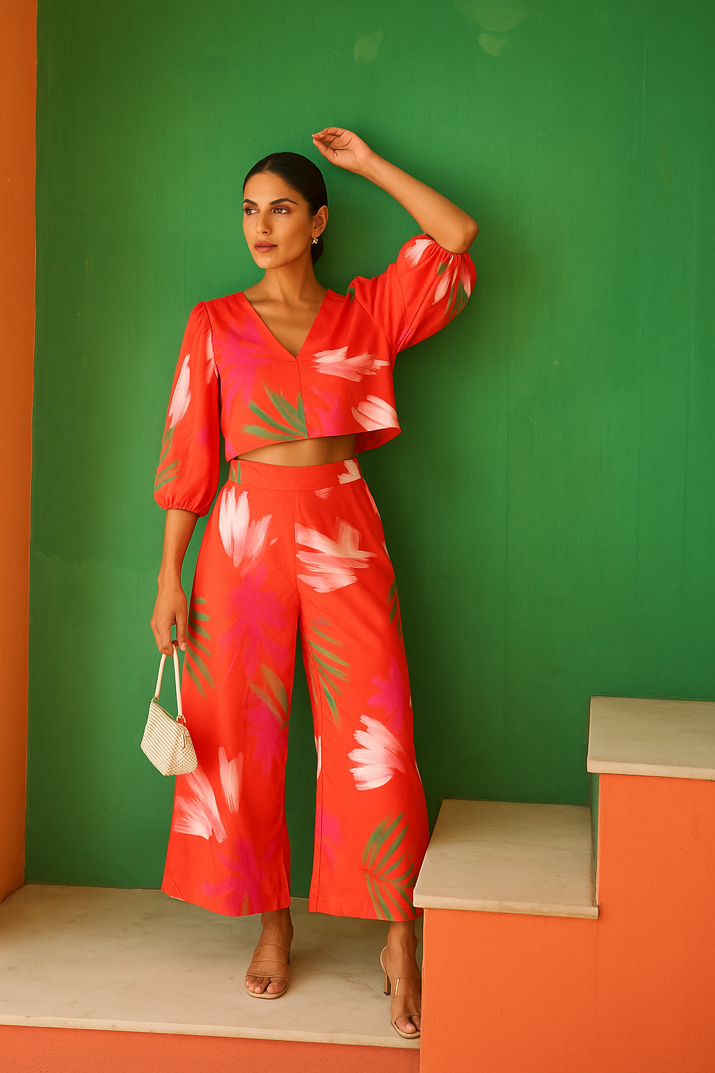 Soleil Bloom Crop Top with Flared Pants - Red Floral