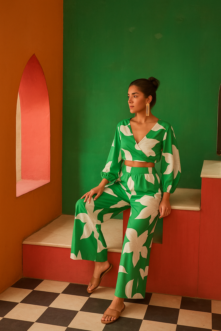 Soleil Bloom Crop Top with Flared Pants - Green White