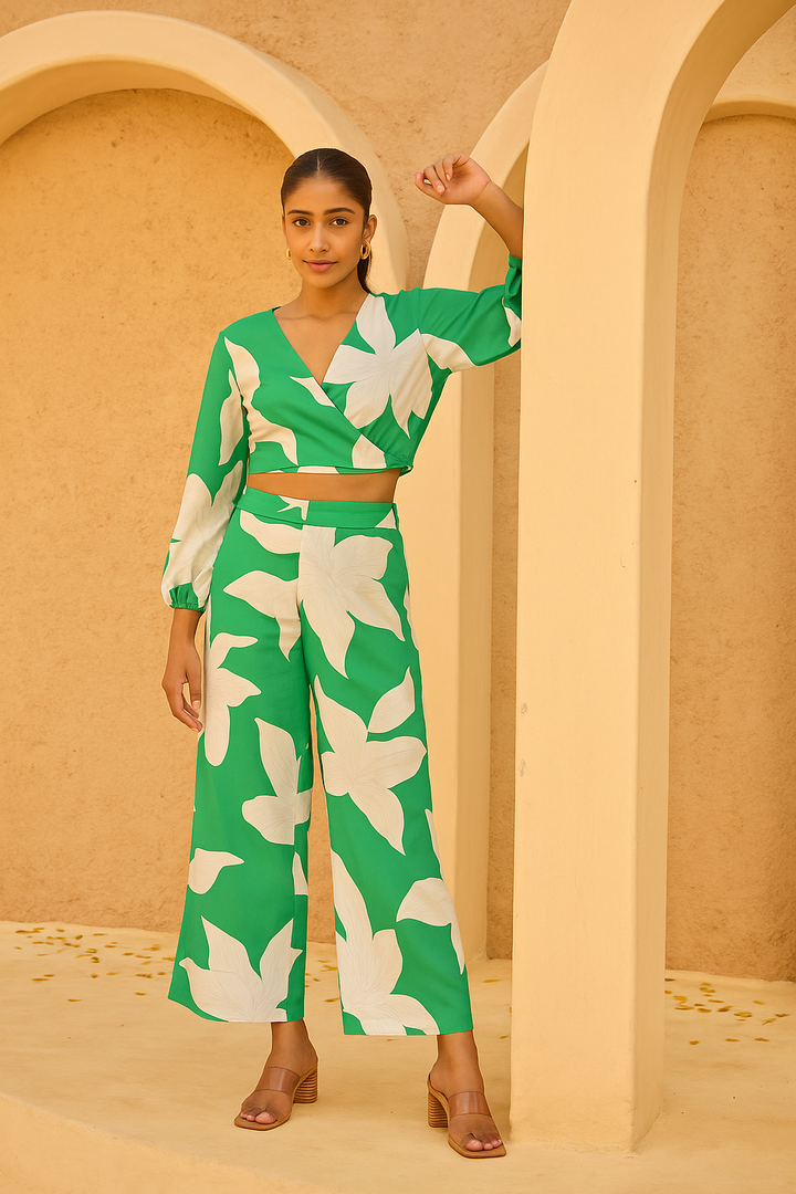 Soleil Bloom Crop Top with Flared Pants - Green White