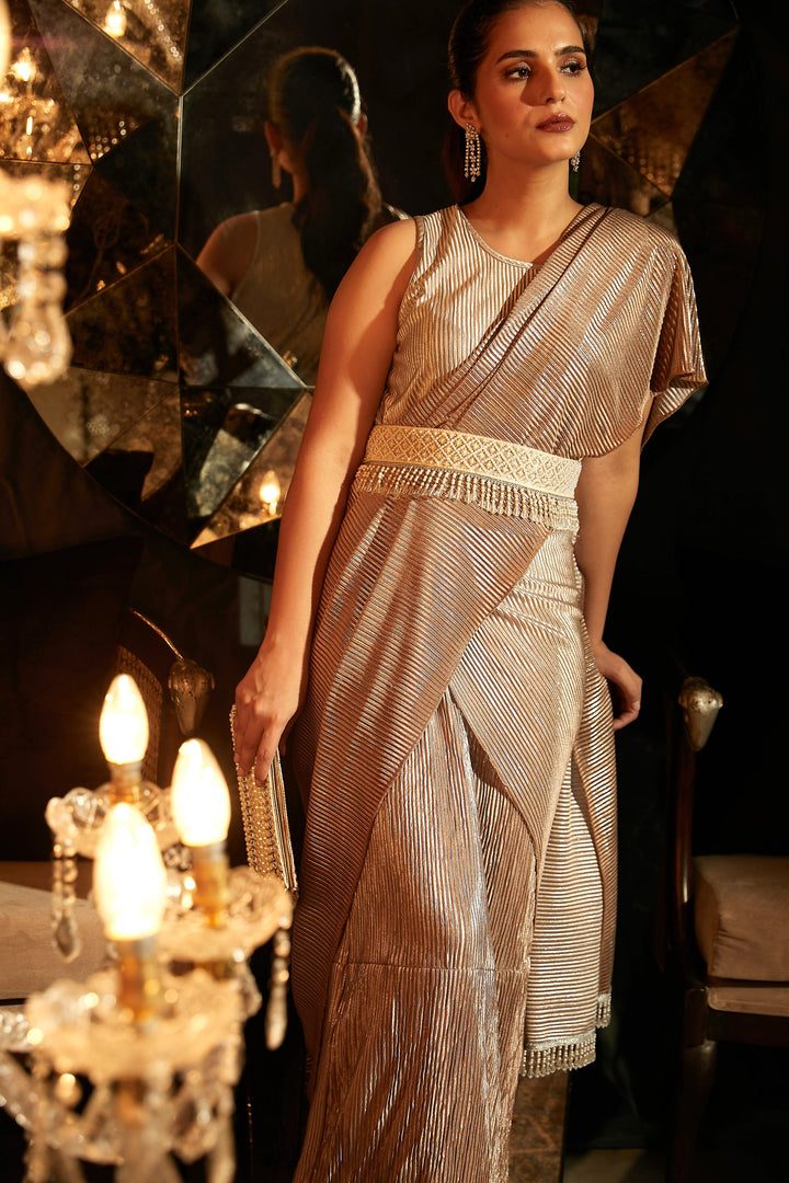 Metallic Pleated Classy Gown Saree Ombre Nude