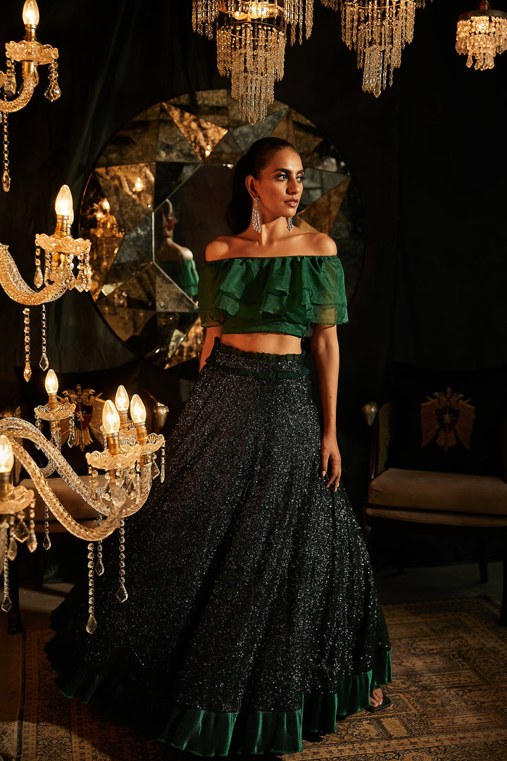 Bedazzling Sequence Ghagra with Organza Ruffle Blouse and Belt - Emerald Green