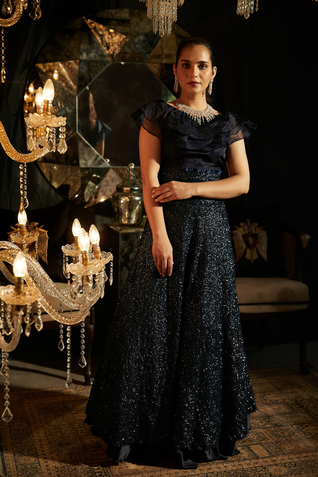 Bedazzling Sequence Ghagra with Organza Ruffle Blouse and Belt - Midnight Blue