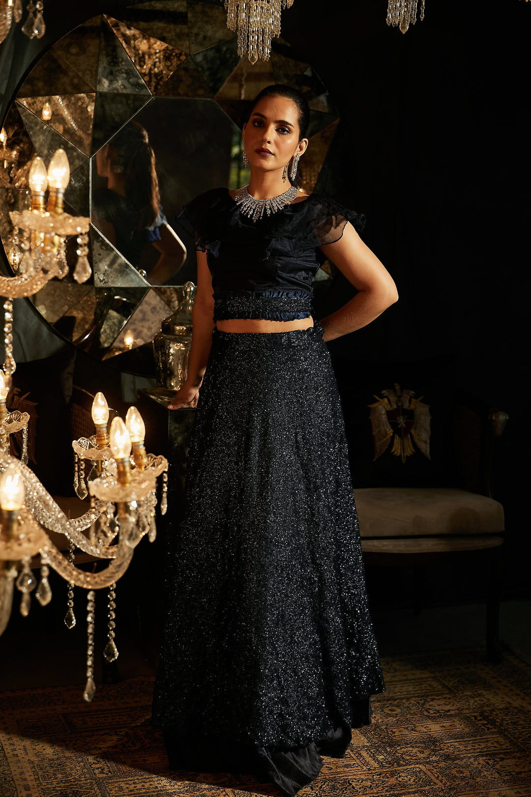 Bedazzling Sequence Ghagra with Organza Ruffle Blouse and Belt - Midnight Blue