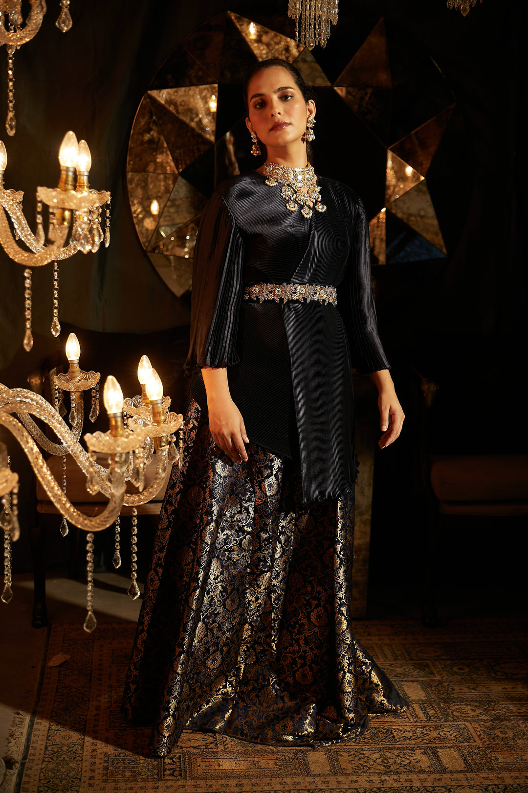 Nora Asymmetrical Top with Brocade Ghagra and Velvet Zardozi Belt - Midnight Blue