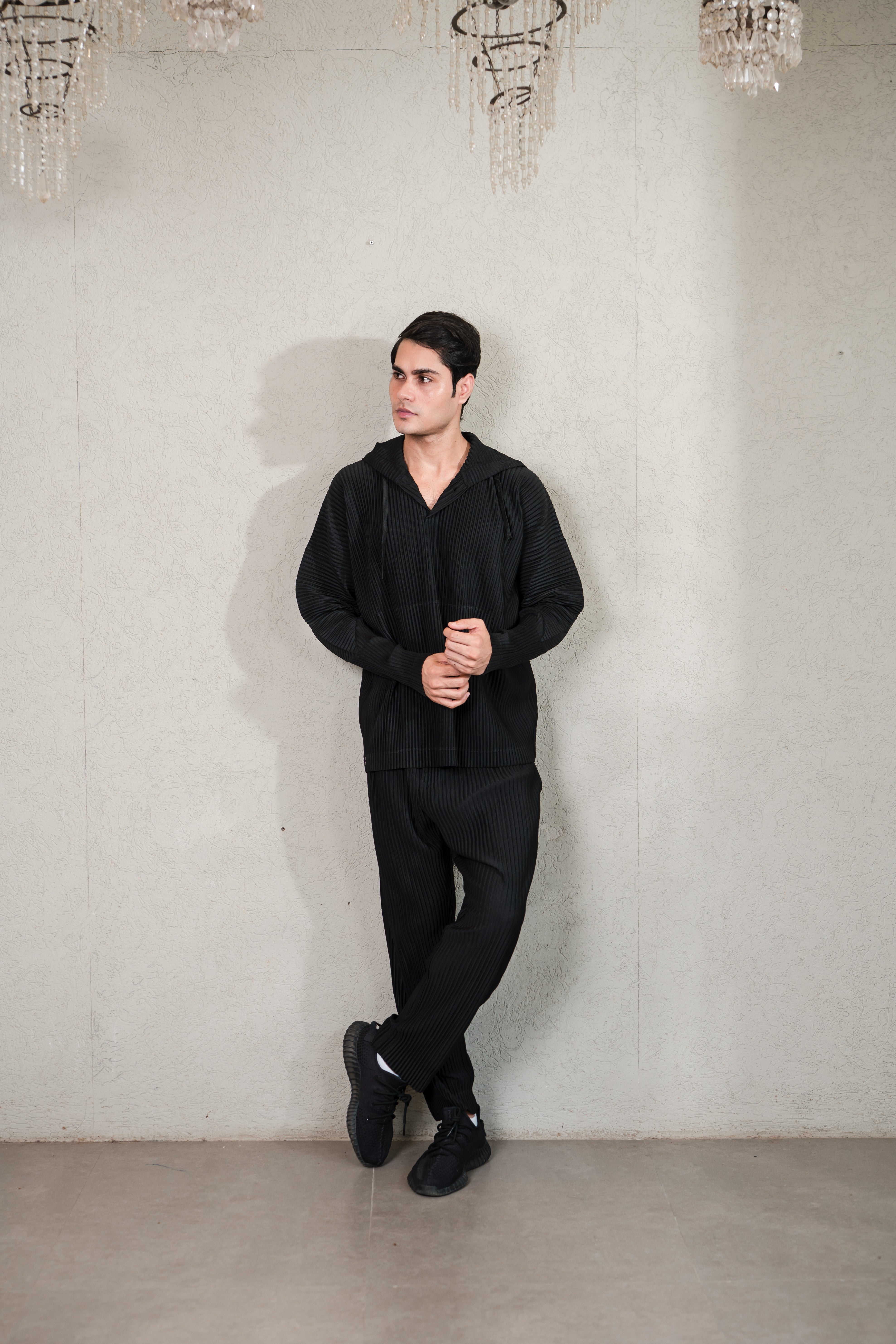 PLEATED HOODIE WITH JOGGERS CO-ORD SET - BLACK