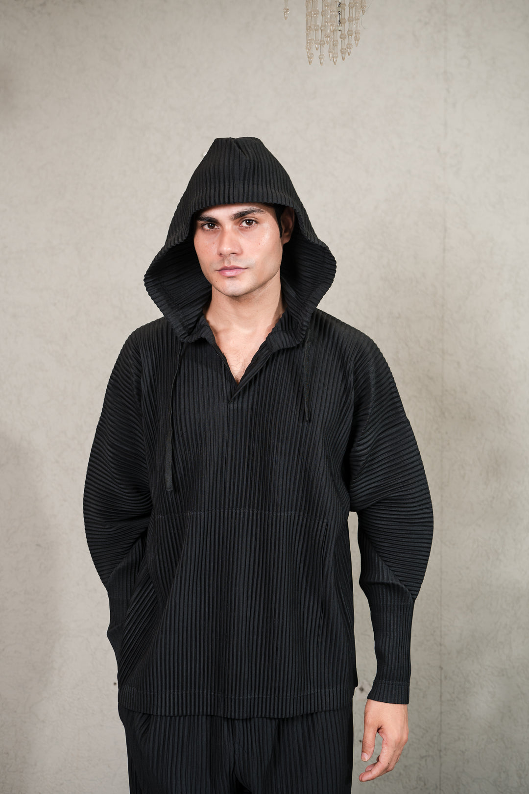 PLEATED HOODIE WITH JOGGERS CO-ORD SET - BLACK