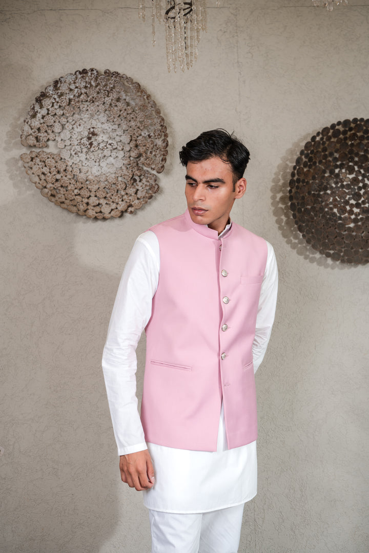 WHITE KURTA WITH  PINK NEHRU JACKET