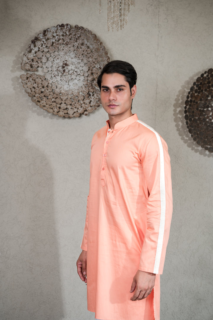 ORANGE KURTA SET WITH PLEATED STRIPE