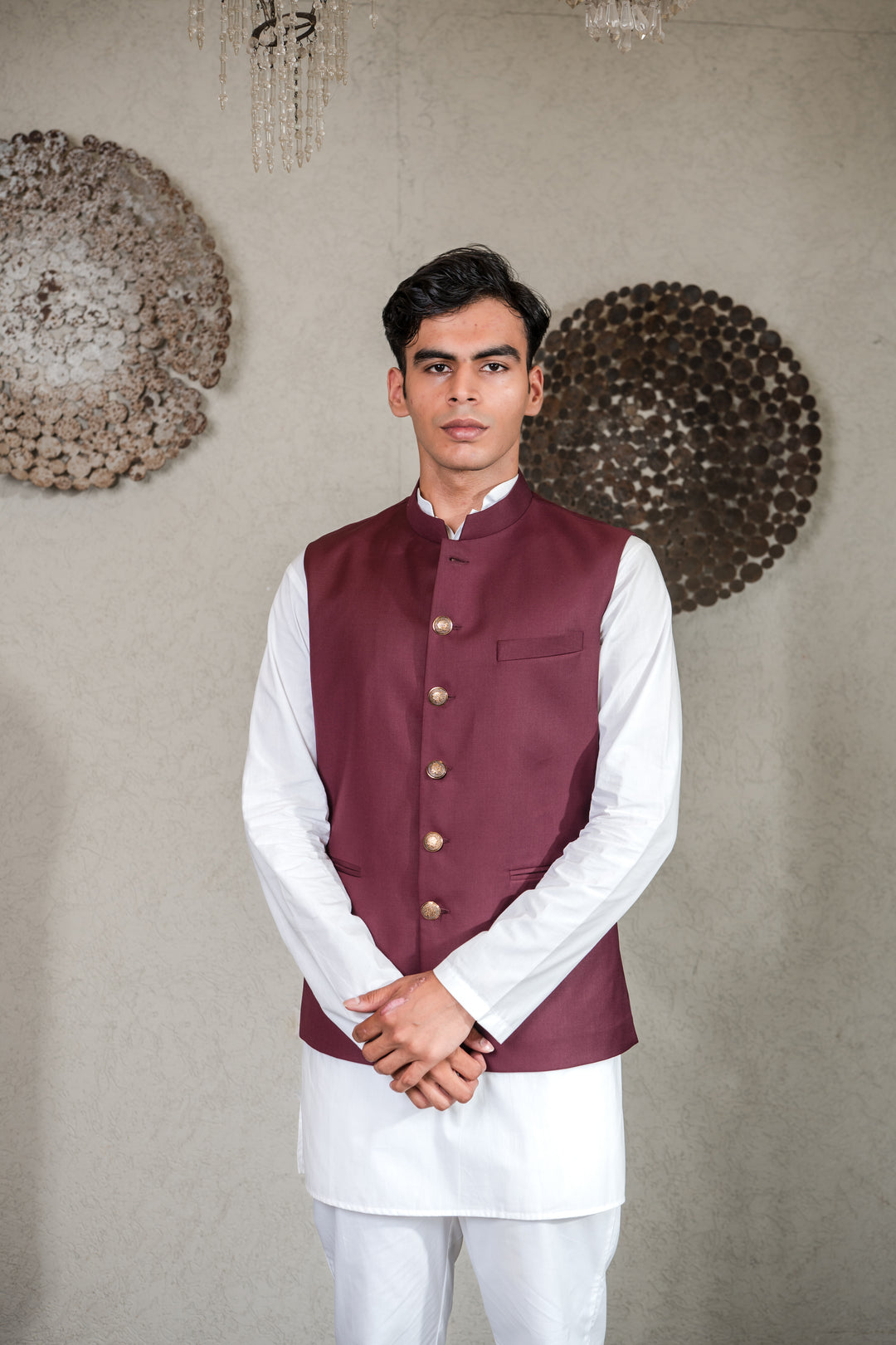 White Kurta Pajama Black Kurta With Maroon Waistcoat Maroon Modi