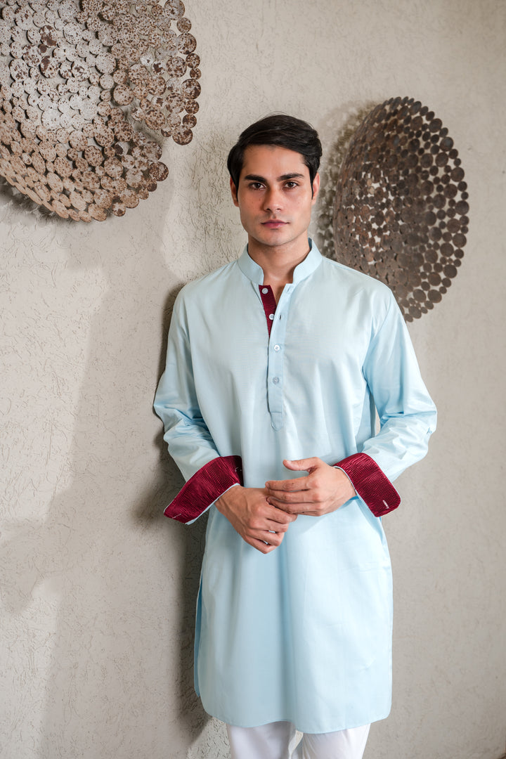 BLUE KURTA WITH PLEATED STRIPE