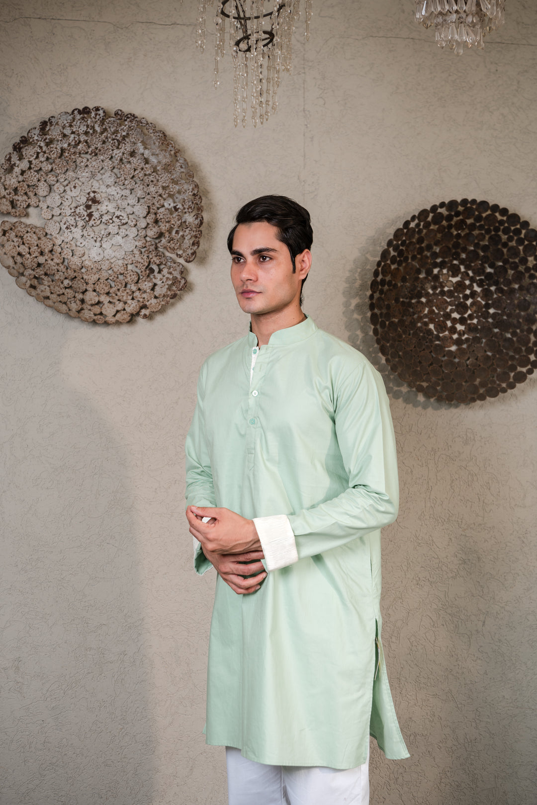 GREEN KURTA WITH PLEATED STRIPE