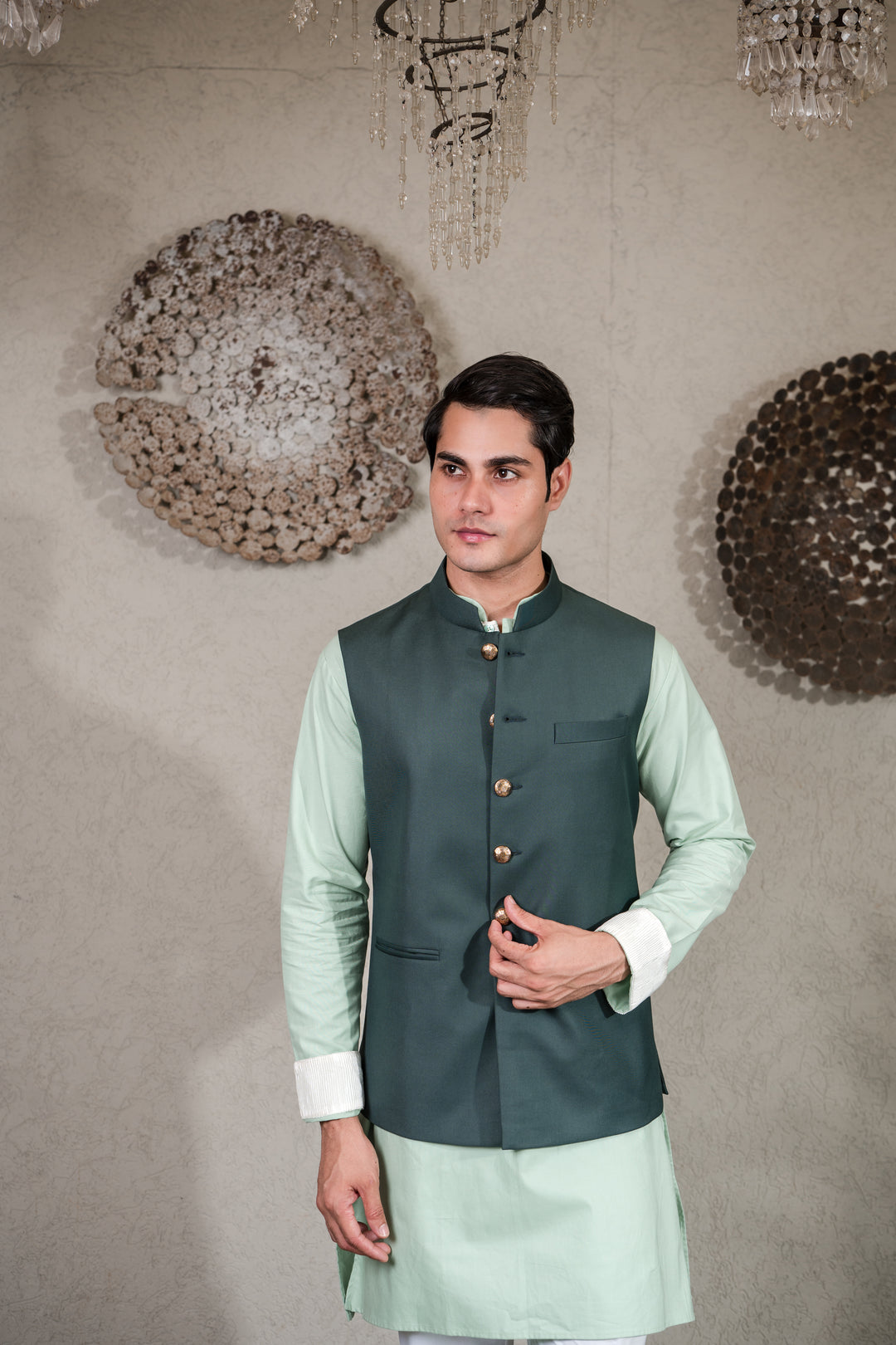 GREEN KURTA PLEATED STRIPE WITH JACKET