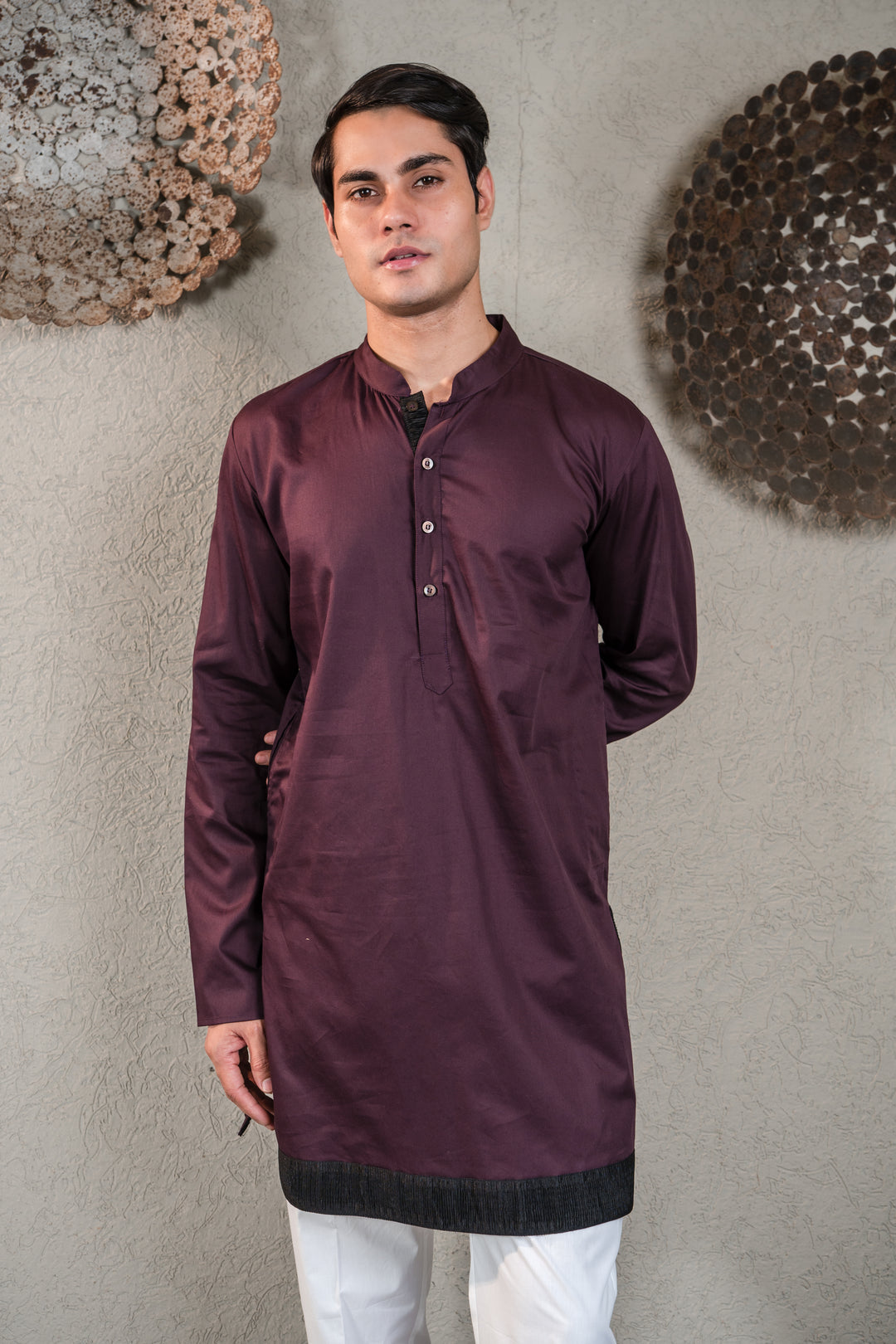 WINE KURTA SET WITH BLACK GARA GLAZED JACKET