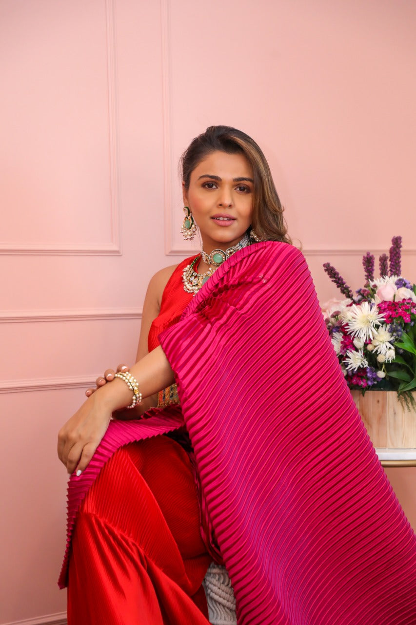 Tina Dhanak in our Classy Pleated Colour Block Gown Saree - Red & Magenta