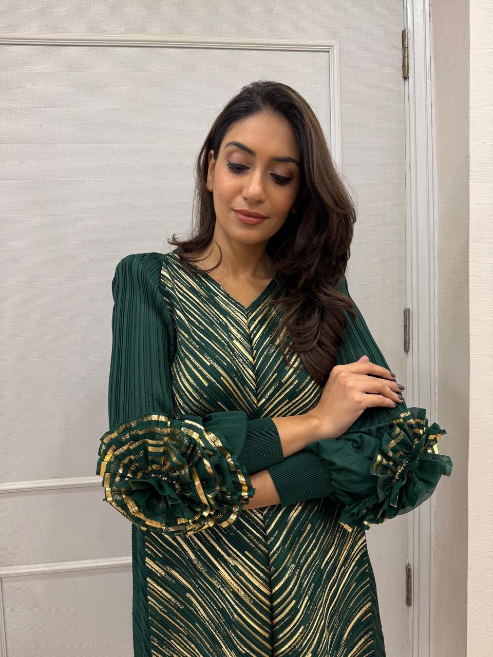 Patricia Flower up Sleeve Metallic Dress - Green