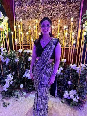 Saia Slit Saree with Black Pearl Blouse - Gun Metal Black