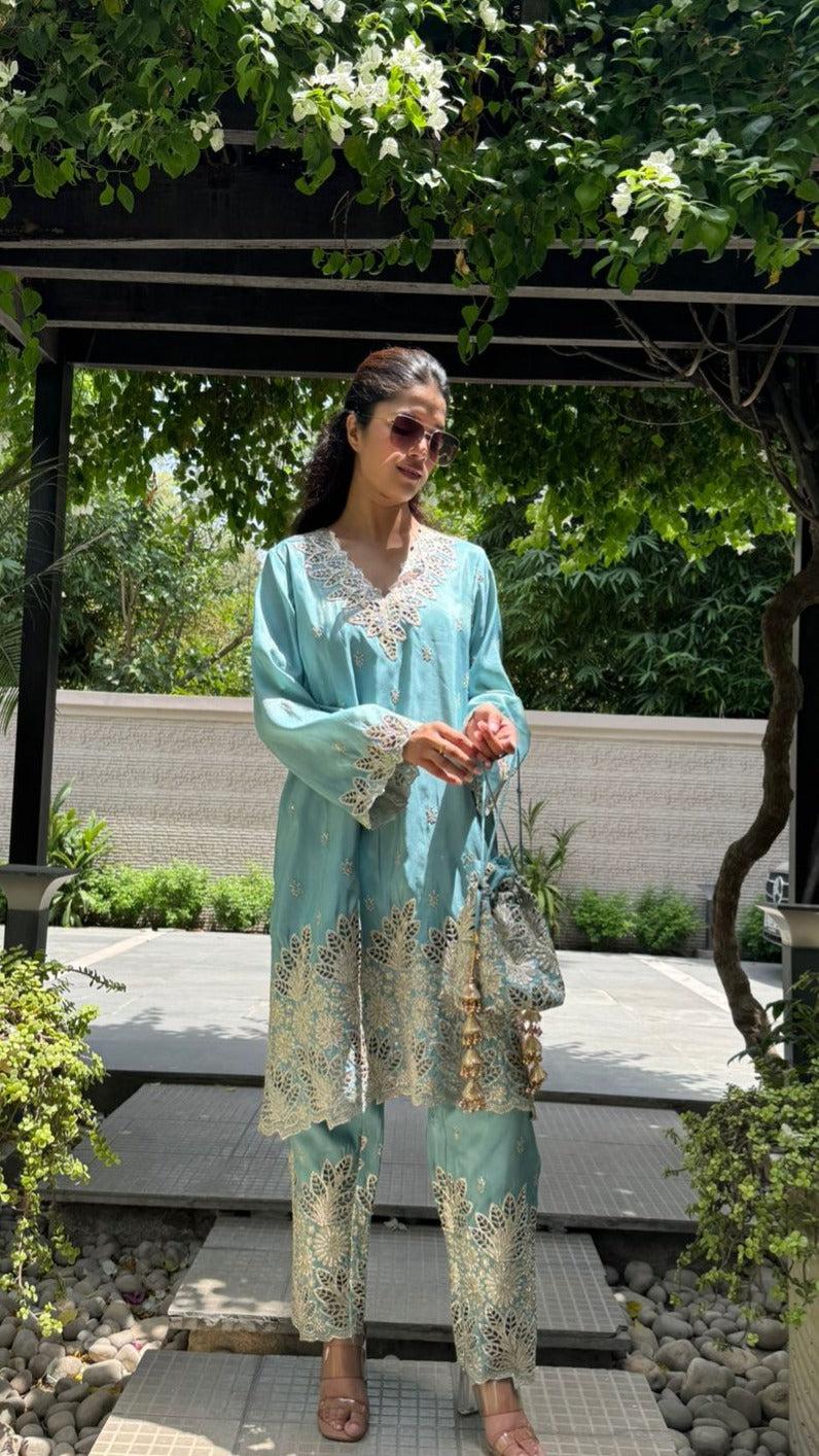 Aaina Ada Tissue Set with Potli - Neelam Pati