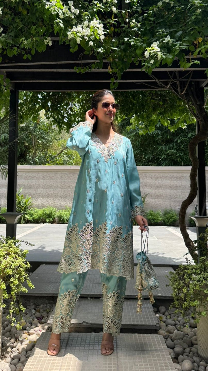 Aaina Ada Tissue Set with Potli - Neelam Pati