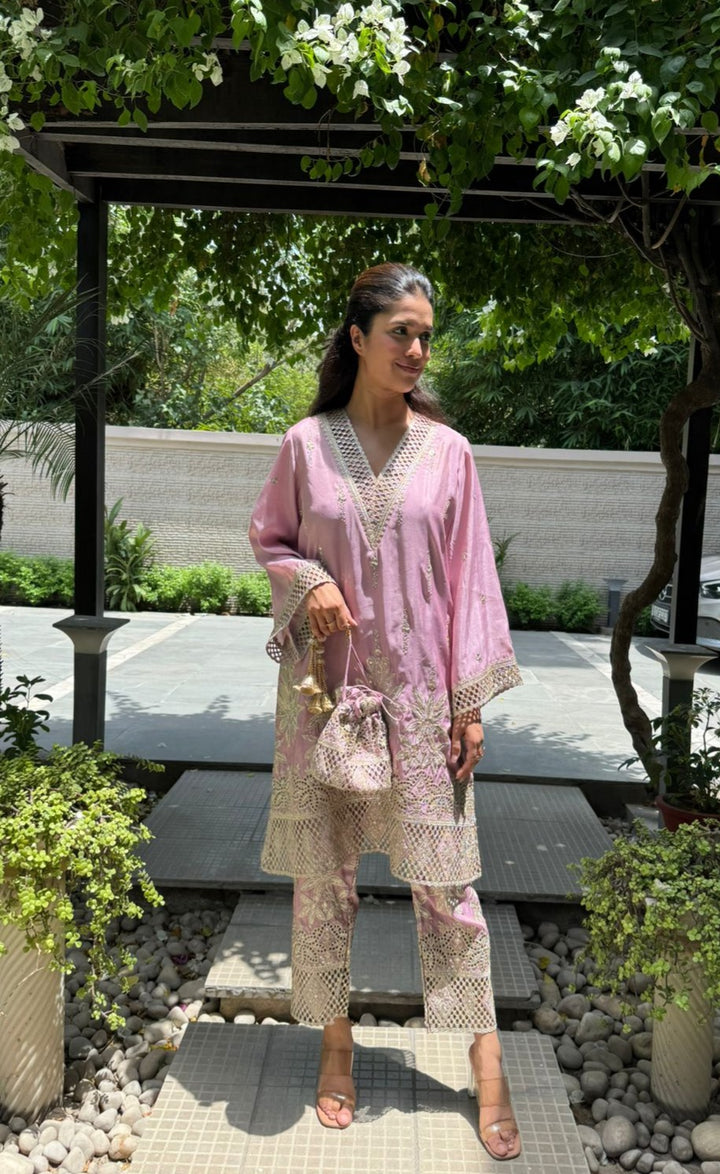 Aaina Ada Tissue Set with Potli - Gulabi Phool