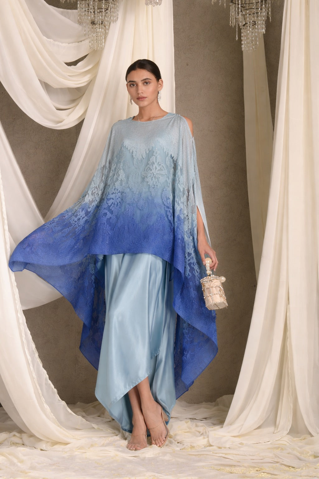 SLIP EASY DRESS WITH ORGANZA CAPE- POWDER BLUE
