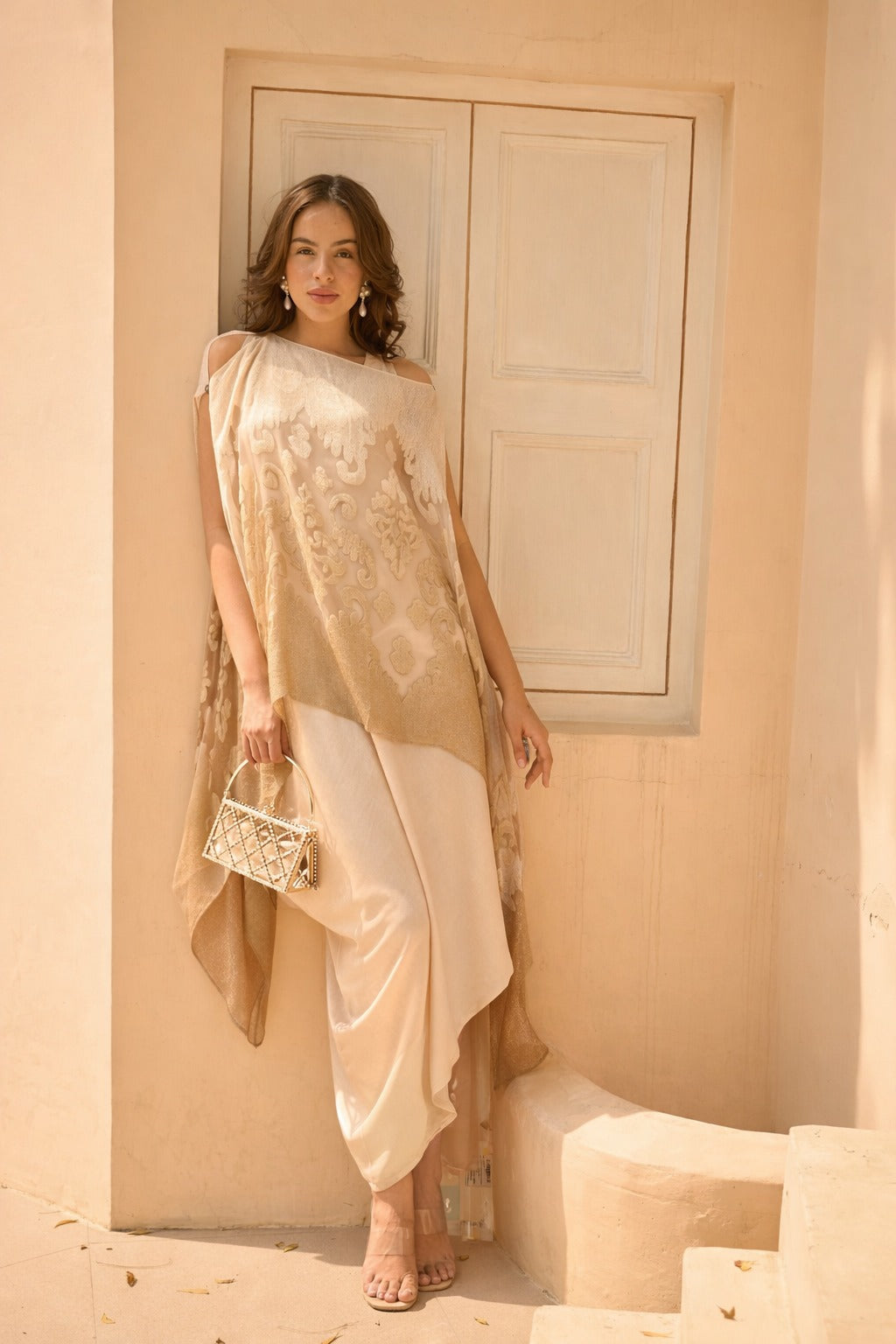 SLIP EASY WITH ORGANZA CAPE -WARM BEIGE