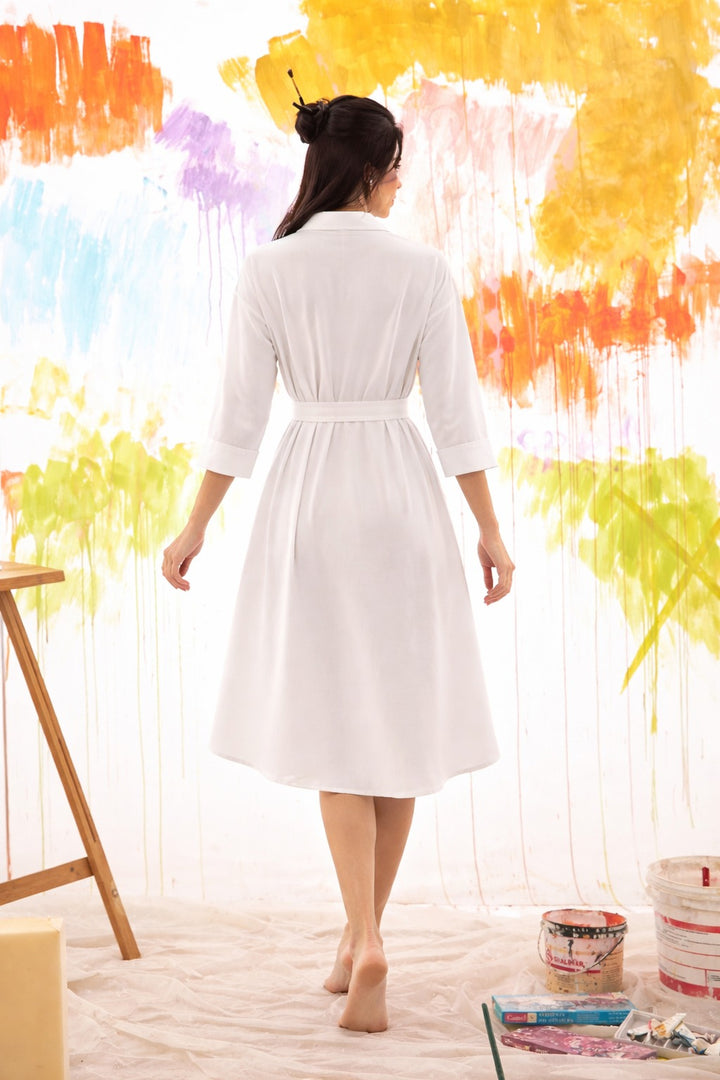 DANDELION ABSTRACT SHIRT DRESS- WHITE