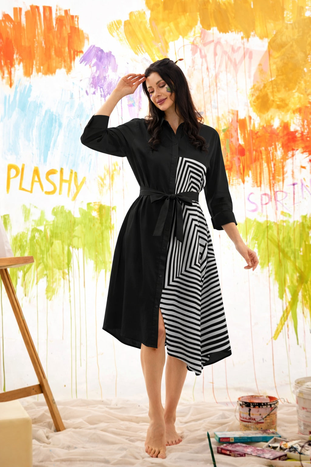 DANDELION ABSTRACT SHIRT DRESS- BLACK
