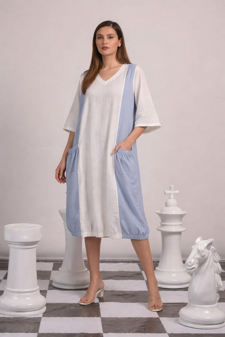 CAMERON COTTON DRESS -WHITE AND BLUE