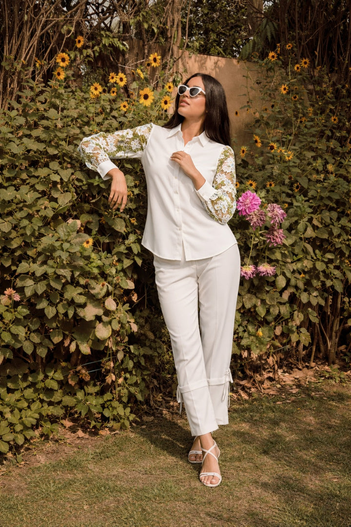 FAYOLA CO-ORD SET WITH LACE DETAILING -IVORY AND GREEN
