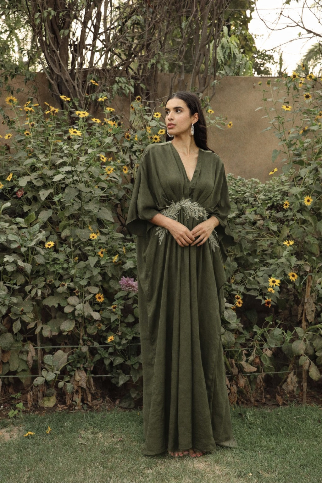 DIVINE SEQUINS EMBROIDERED KAFTAN-OLIVE GREEN