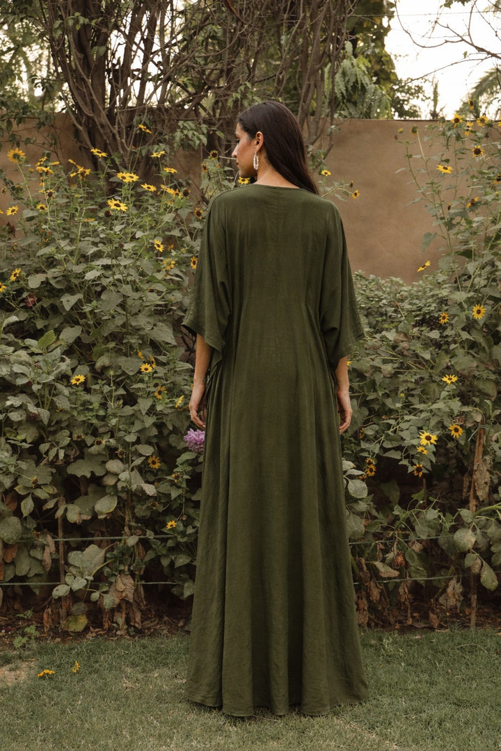 DIVINE SEQUINS EMBROIDERED KAFTAN-OLIVE GREEN